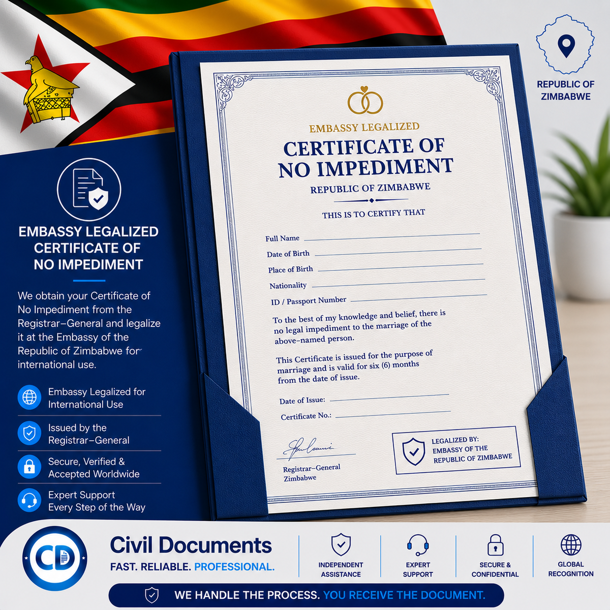 Embassy Authenticated Zimbabwe Certificate of No Impediment