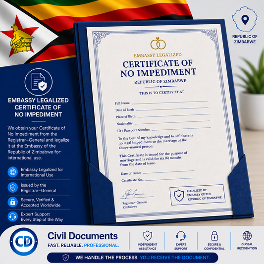 Embassy Authenticated Zimbabwe Certificate of No Impediment